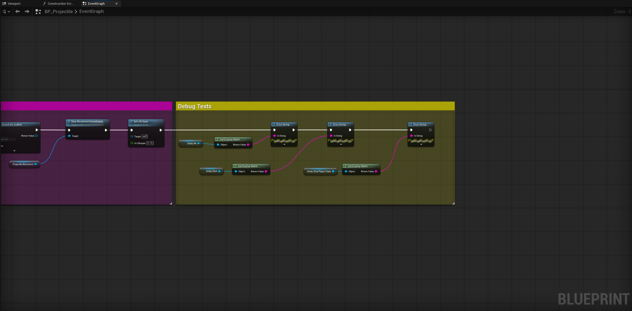 BP_Projectile debug prints for hit and shooter entities
