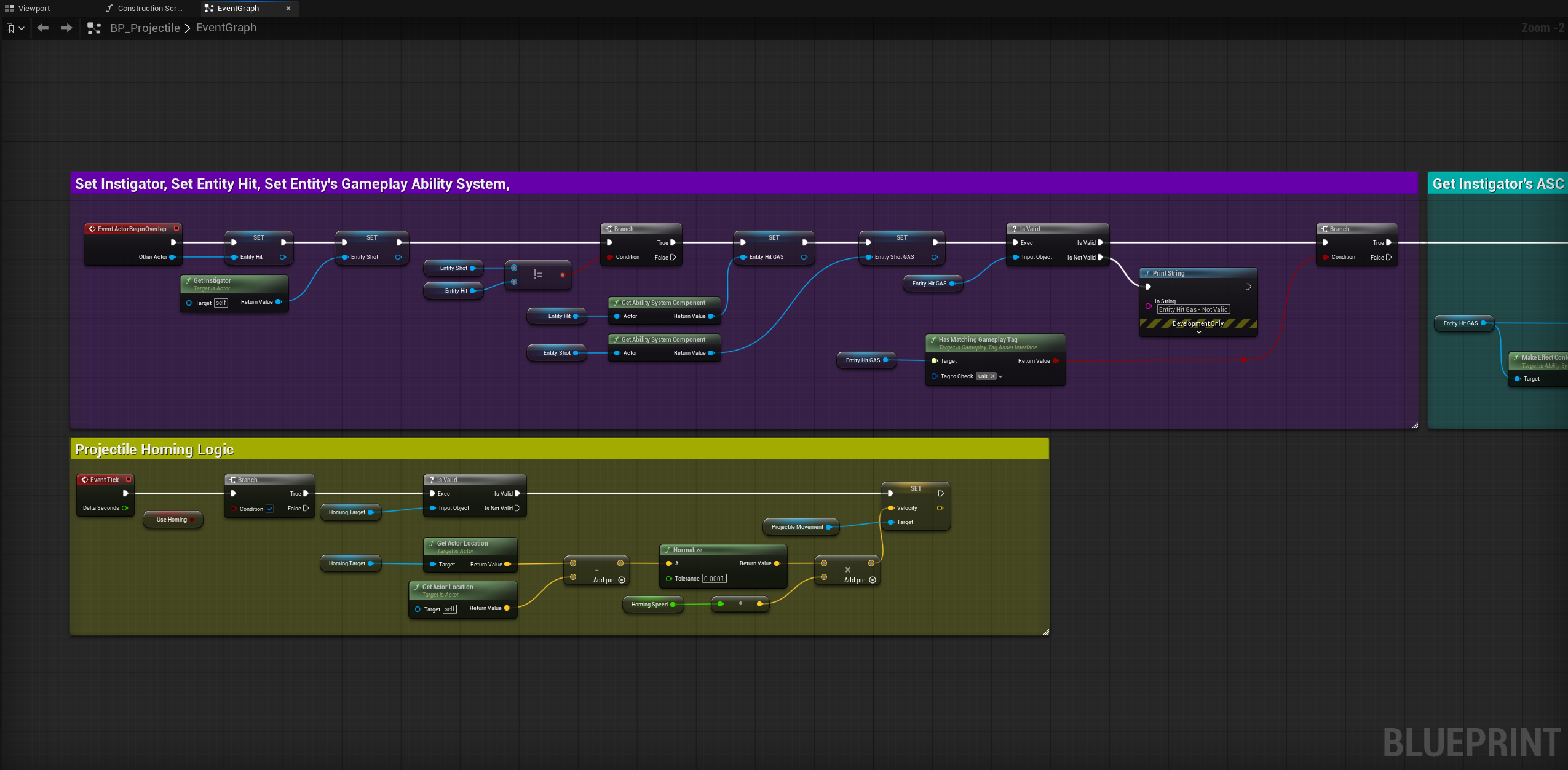 BP_Projectile hit detection, GAS setup and homing logic
